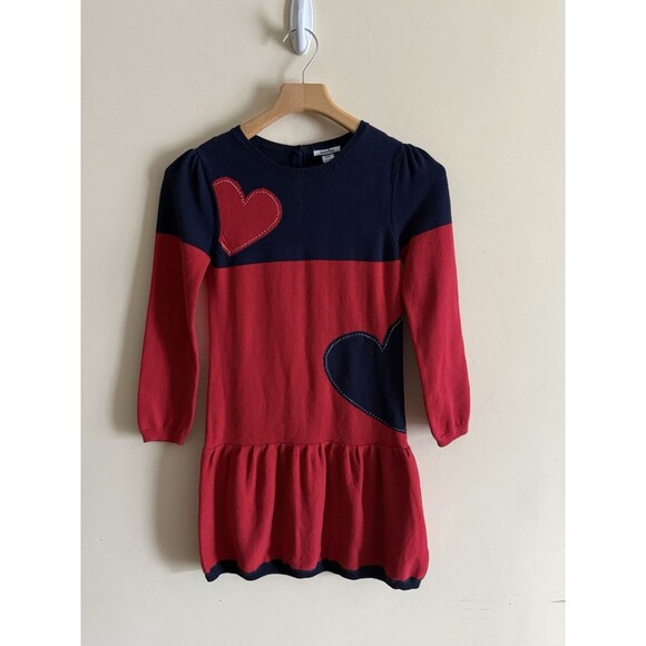 Hartstrings Red Blue Heart Long Sleeve Sweater Dress 100% Cotton Girls 10/12 - Picture 1 of 3